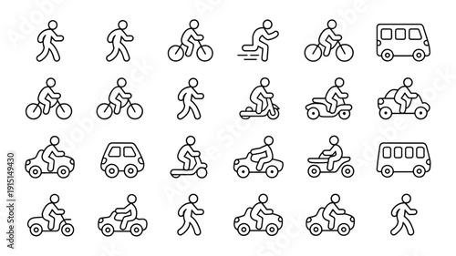 line icons of people walking and riding vehicles