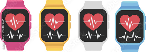 Smartwatch heart rate monitor set, wearable fitness tracker devices, health monitoring technology with ECG pulse display illustration