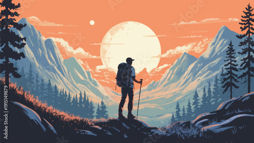 man on a hike in the mountains at sunrise with a large moon
