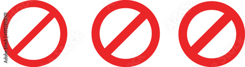 Three red prohibition signs isolated on white background, no entry stop forbidden warning symbol flat vector illustration