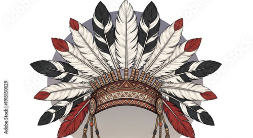 Native american indian headdress with white red and black feathers traditional tribal headwear with intricate patterns and tassels