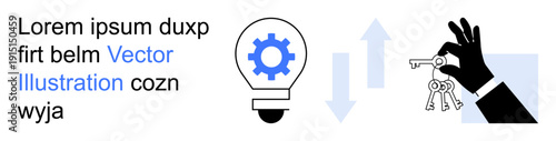 Innovation, problem solving, business strategy, technology solutions, knowledge transfer, cybersecurity. A light bulb with a gear and a hand holding keys. Innovation and problem solving concepts