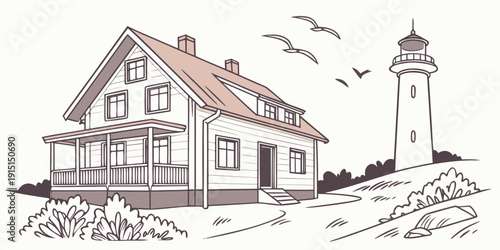 A picturesque coastal house with a lighthouse in the background.