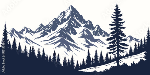 Majestic snow-covered mountains with a dense forest of evergreen trees