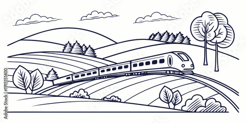 A serene landscape featuring a winding road through rolling hills and trees