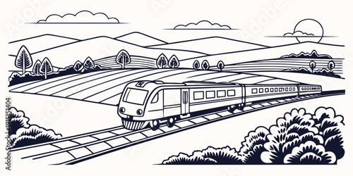 A detailed illustration of a train journey through a picturesque countryside landscape