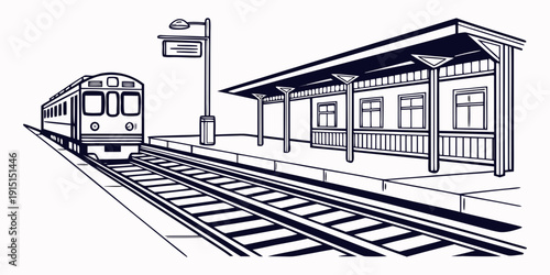 Train station platform with a train arriving and passengers waiting under a shelter.