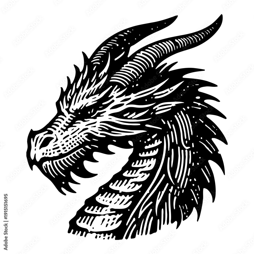 Obraz premium Detailed Black And White Dragon Head Profile Engraving Style Illustration