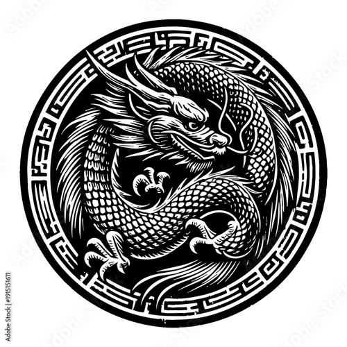 Circular Emblem Featuring a Mythical Dragon in Black and White