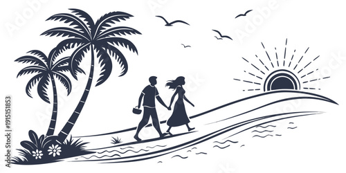 Couple enjoying a romantic walk on a beach at sunset with palm trees