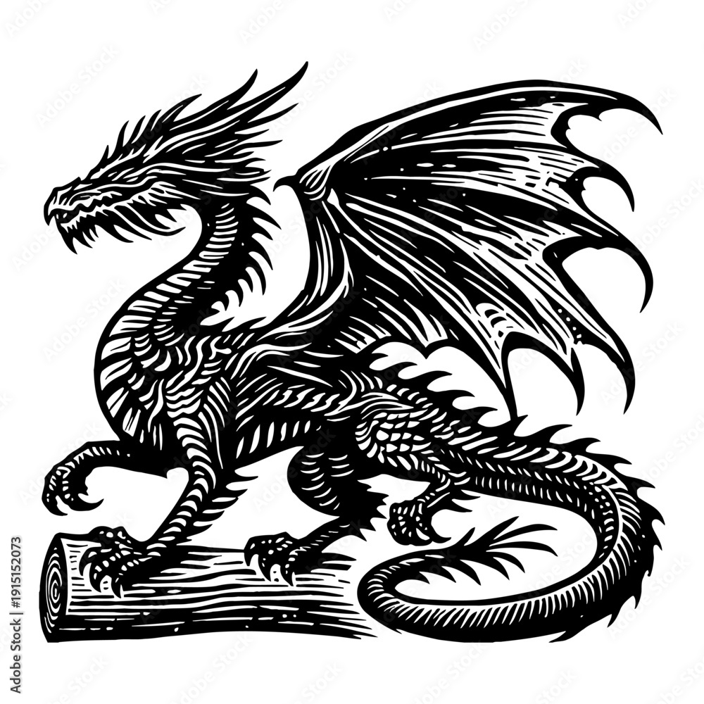 Fototapeta premium Intricate Black And White Woodcut Dragon Illustration With Spread Wings Perched On Log