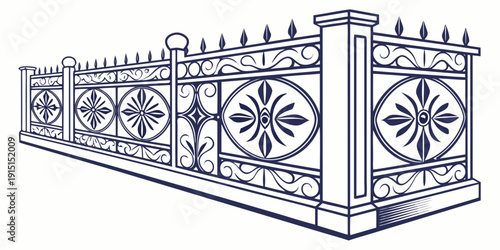 Intricate wrought iron fence with decorative panels and pointed finials