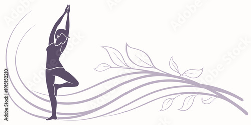 A serene yoga pose with flowing lines and a leaf motif in the background