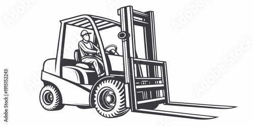 A detailed black and white illustration of a forklift operator in action