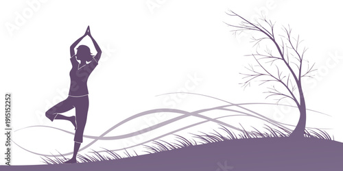 Silhouette of a person practicing yoga in front of a tree and a sunset