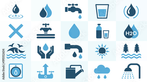 Set of blue icons related to water and conservation