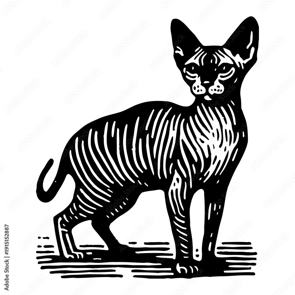 Fototapeta premium Sphynx Cat With Striped Fur Stands Against White Background Black And White Illustration