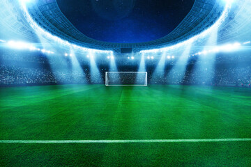 professional soccer goal on a lush green field. Bright stadium floodlights create a cinematic glow under a starry night sky, big match. Sports tournament, world championship