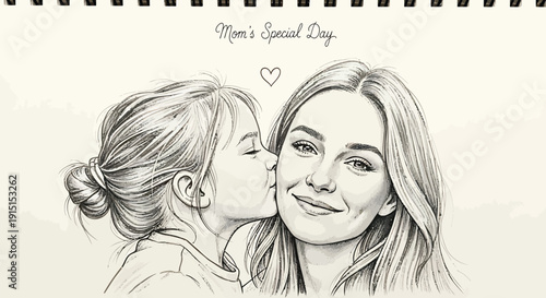 Mother and daughter sharing a tender moment with a kiss on mother's special day in a sketchy drawing