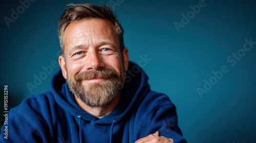 A cheerful man in a blue hoodie smiles warmly against a soft blue background, evoking feelings of warmth and approachability through his genuine expression.