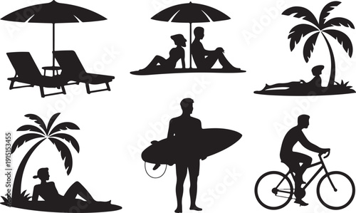 Silhouettes of People Enjoying a Beach Vacation With Lounge Chairs Palm Trees and Surfer vector illustration