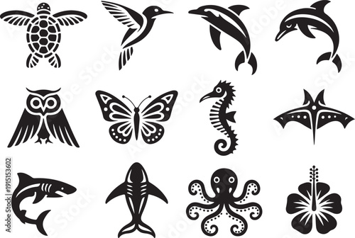 Assortment of black silhouette animal icons including sea creatures and birds wildlife