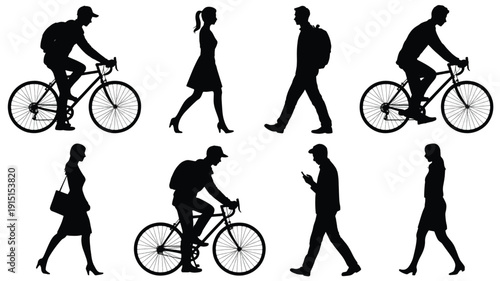 Silhouettes of people walking and riding bicycles in various poses on white background