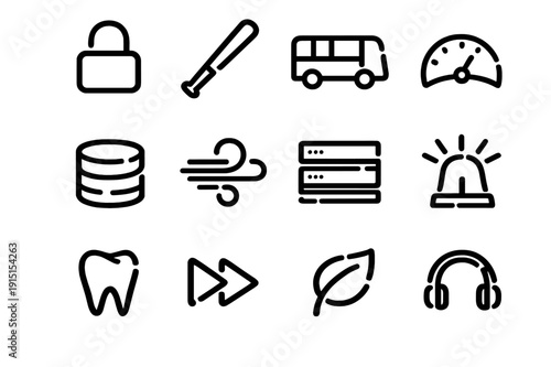Set of minimalist black line icons including padlock bus speedometer database wind server siren tooth fast forward leaf and headphones