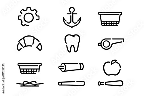 Set of minimalist black line icons featuring gear anchor basket croissant tooth whistle rolling pin knot and baseball bat