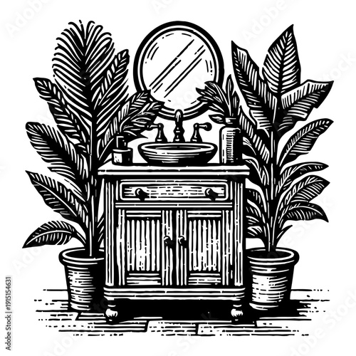 Vintage Vanity With Mirror And Potted Plants In Black And White Woodcut Style