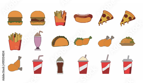 Fast Food Dinner and Menu Icons Set Vector Illustration Line and Fill Style