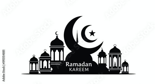 Ramadan kareem design with crescent moon and mosque black silhouette