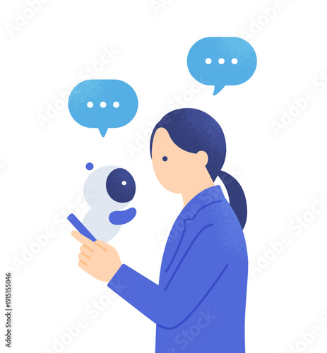 スーツを着た女性とAIが対話する。スマホでAIに相談する人物のベクターイラスト素材。