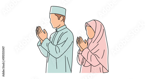 Muslim couple praying with hands clasped a delicate silhouette