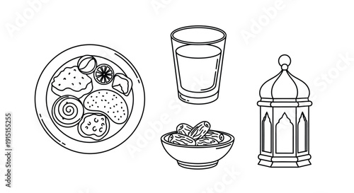 Ramadan iftar meal with dates glass and lantern silhouette