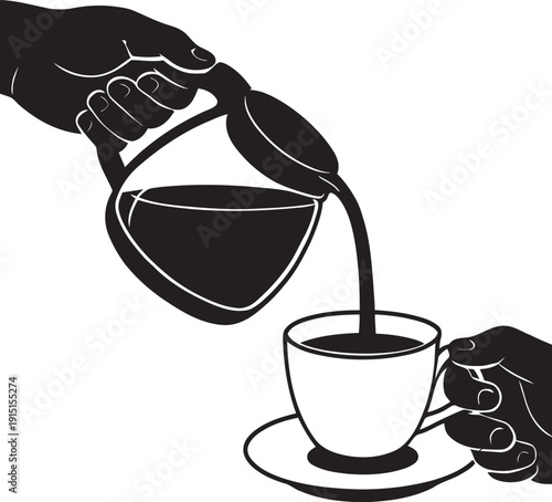 Hands pouring coffee from carafe into cup pictogram silhouette icon