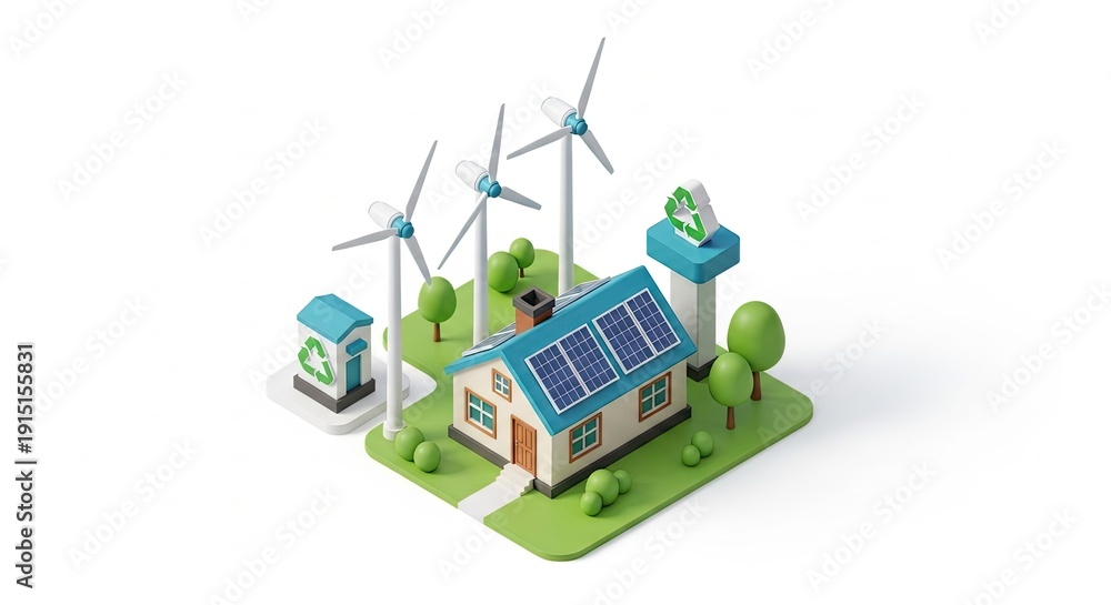 Obraz premium Modern Eco Friendly House With Solar Panels, Wind Turbines, and Recycling Station