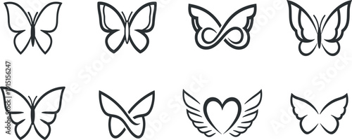 Butterfly Line Icon Set Minimal Outline Insect Wings Collection with Heart and Infinity Shapes for Logo Tattoo Beauty Vector Illustration