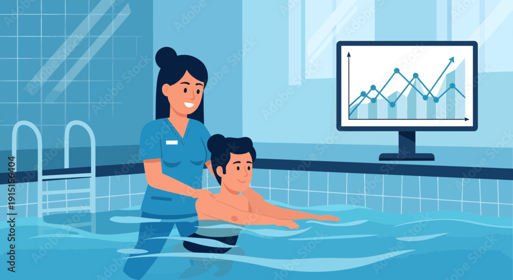 Obraz premium Aquatic Therapy Session Therapist Assisting Patient in Pool.