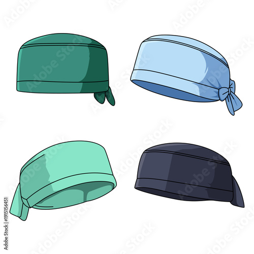 Set colorful collection male medic hat from various view. Vector illustrations surgical cap with different angle. Bundle cartoon design headgear for nurse and doctor in transparent background.