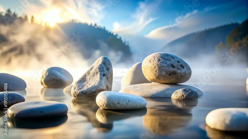 Serene Lake Stones at Sunrise Mist.