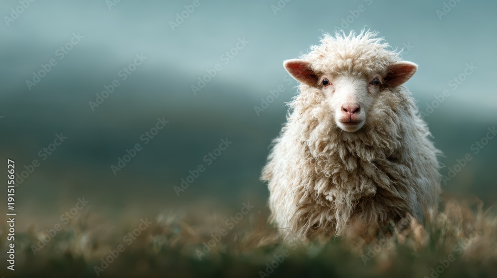 Obraz premium A fluffy white sheep stands inquisitively in a misty field, embodying innocence and curiosity while showcasing the tranquil beauty of rural landscapes and the simplicity of nature.