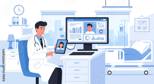 Doctor conducting a telehealth consultation in a modern hospital room.