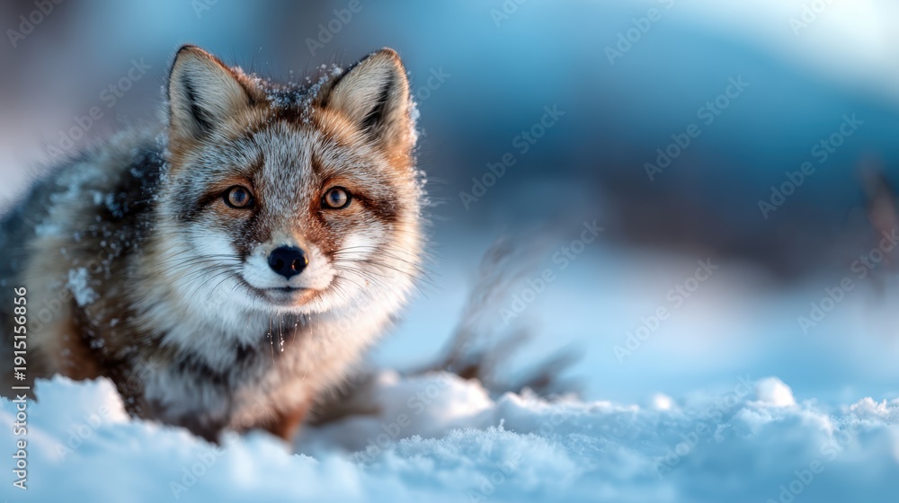 Obraz premium A beautiful fox with striking features poses gracefully in a snow-covered environment, blending elegance and nature, capturing the stillness and beauty of winter wildlife.