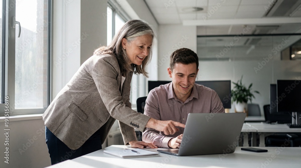 Fototapeta premium Office collaboration senior manager junior employee laptop screen