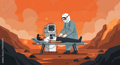 Doctor in Full PPE Attending to Patient on Mars.