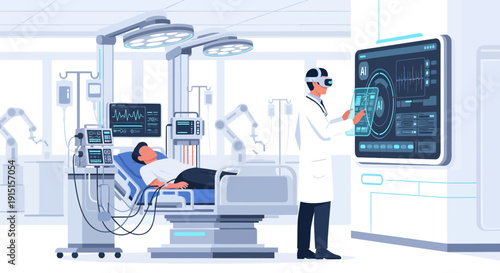 Futuristic Medical Operation Doctor Using VR Technology on Patient.