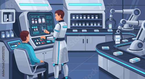 Futuristic Pharmaceutical Lab with Scientists and Robotic Automation.