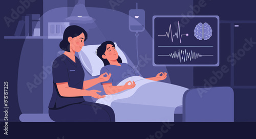 Medical Care Nurse Monitoring Patients Brain Activity in Hospital.