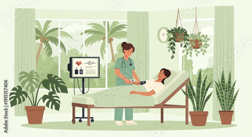 Nurse Checking Patients Vitals in a PlantFilled Hospital Room.